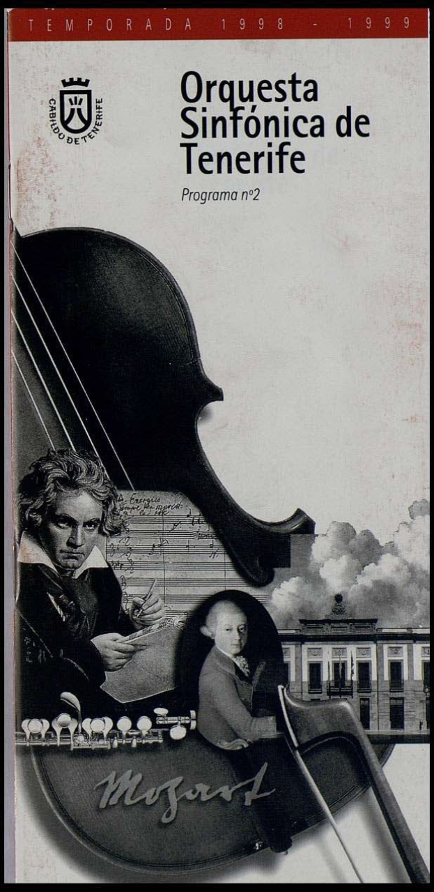 Plakat für das zweite Programm der Symphoniker Teneriffa, das Mozarts Symphonie Nr. 2 in D-Moll, Op. 63, mit zwei Geigerinnen im Vordergrund und einem Gebäude im Hintergrund zeigt.
