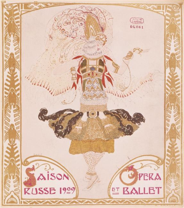 Plakat für eine Pariser Ballettvorstellung von 1909 namens 'Saison Russe' mit einer gemalten Tänzerin in einer anmutigen Pose.
