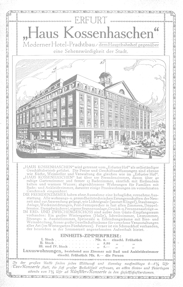 Alte Werbung für ein zweistöckiges Hotel in Deutschland mit weißen Wänden, einem roten Dach und einem großen Fenster im zweiten Stock, mit fetter Schrift in einem dekorativen Rahmen.