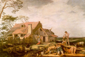 Ein Gemälde namens 'Die Farmersfrau' von Jan Brueghel dem Älteren, das einen Mann und eine Frau vor einem Reetdachhaus zeigt, umgeben von Tieren, einem Karren, einem hölzernen Zaun, Bäumen und einem bewölkten Himmel.