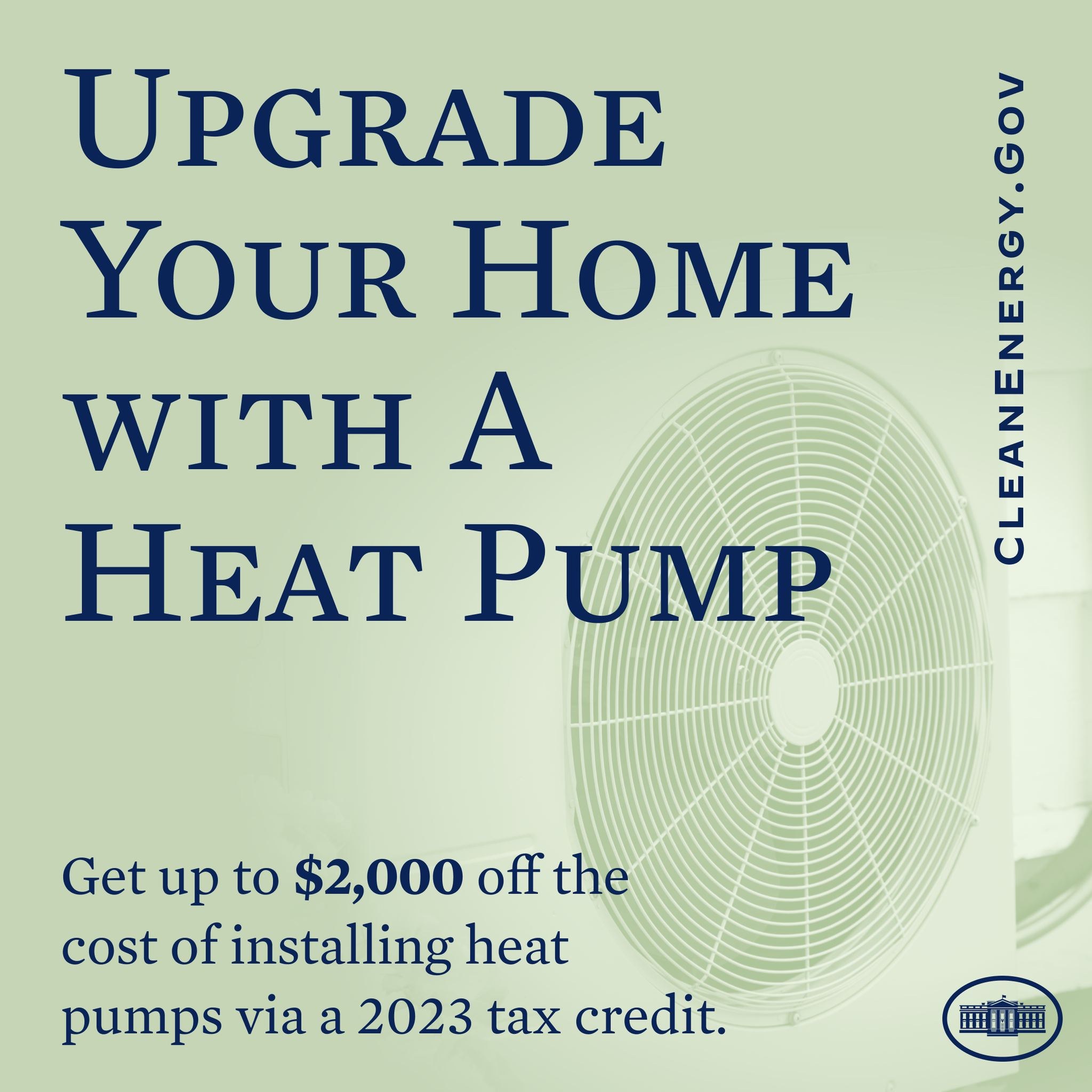 Plakat wirbt für den Austausch von Heizungen zu Wärmepumpen, zeigt ein Bild einer Wärmepumpe und den Text "Upgrade Your Home with a Heat Pump."