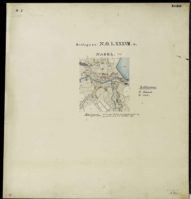 Ausführliche alte Karte von Nagel, Deutschland, mit Straßen, Gebäuden und Sehenswürdigkeiten mit begleitendem Text über Bevölkerung und Standorte.