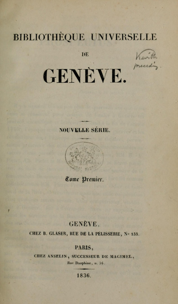 Cover eines alten Buches mit dem Titel 'Bibliothèque Universelle de Genève', aufgeklappt, um den inneren Text zu zeigen.