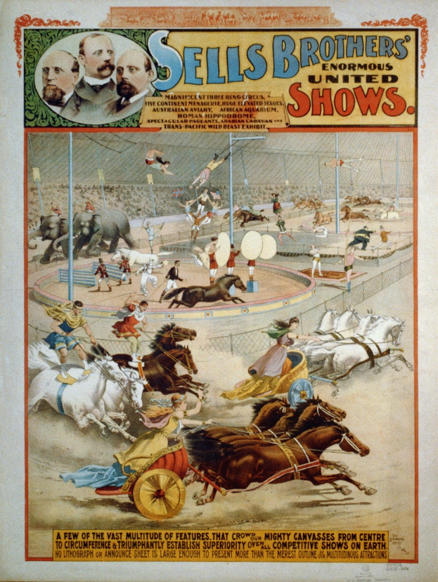 Plakat, das Sell's Brothers' Riesige Vereinigte Shows ankündigt, zeigt eine Gruppe von Menschen, die auf Pferden in einem Zirkus reitet, mit Text, der das Ereignis beschreibt.