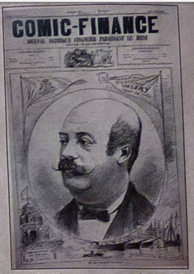 Ein ernsthafter Mann mit Schnurrbart, der einen Anzug und eine Krawatte trägt, schaut konzentriert von der Titelseite eines Comics mit dem Titel "Comic Finance".