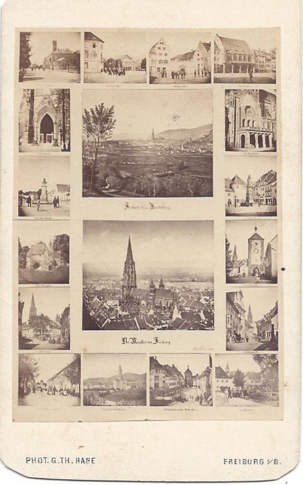 Altes Schwarz-Weiß-Foto von Freiburg, Deutschland, mit Gebäuden, Bäumen und Menschen und Text 'Freiburg, Deutschland' unten.