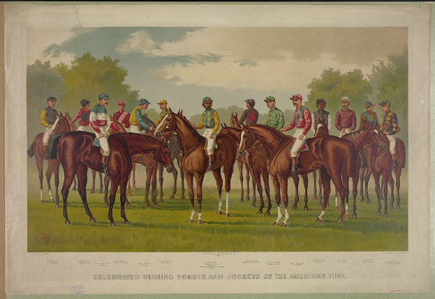 Eine Gruppe von Menschen, die auf Pferden über ein grünes Feld mit Bäumen und einem blauen Himmel reitet, mit dem Text unten: "Feiernder Siegerpferde und Jockeys der American Turf."