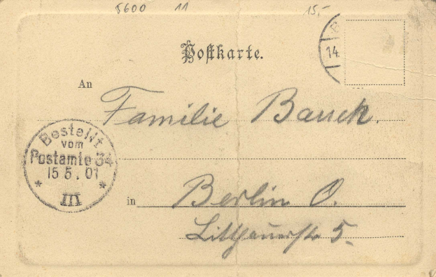 Alte deutsche Familienstichbank-Postkarte aus Berlin, Deutschland, mit einem Wert von 600 US-Dollar, mit Text und einem aufgeklebten Stempel.