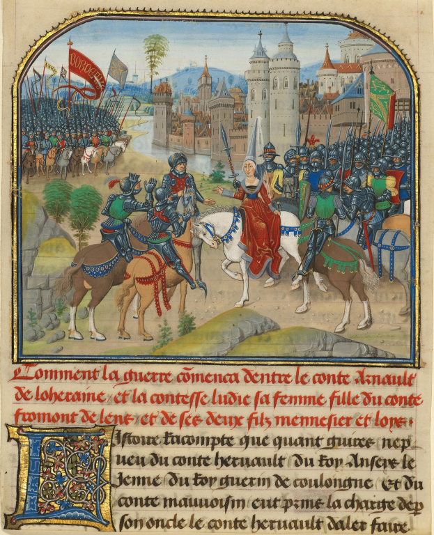 Illuminierte Handschriftenseite mit einem Ritter auf einem Pferd umgeben von Menschen mit Fahnen, vor einer Landschaft mit Gebäuden, Bäumen, Hügeln und Himmel, mit mittelalterlichem Text unten.