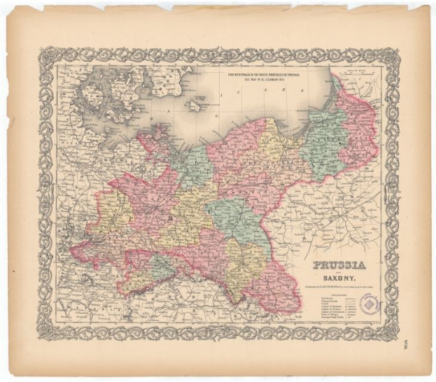 Ein antikes Kartenblatt von Preußen und Sachsen mit klaren Grenzen, auf altem Papier gedruckt.