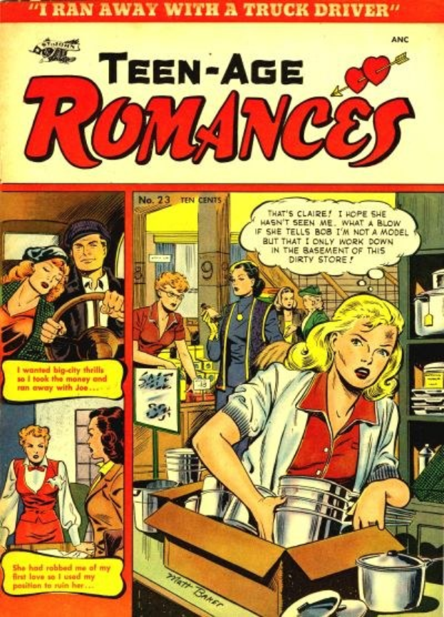 Ein Plakat mit der Aufschrift "Teen-Age Romances 23-A von DC", das eine Gruppe von Menschen in inniger Umarmung zeigt, die strahlen und sich in die Augen schauen