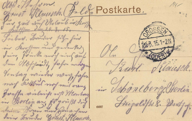 Eine alte Postkarte von Deutschland nach Deutschland vom 15.15.1912 mit handgeschriebener Schrift und einer Briefmarke oben rechts.