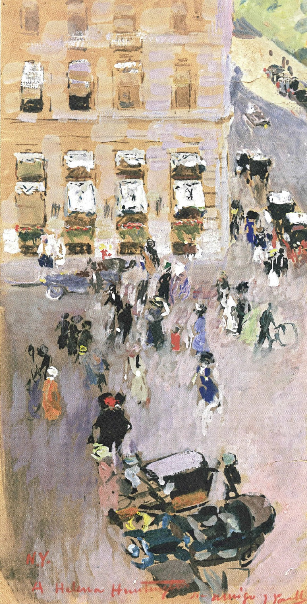 Gemälde einer belebten New Yorker Stadtstraße mit Fußgängern, Fahrzeugen, einem Gebäude im Hintergrund und Text unten.