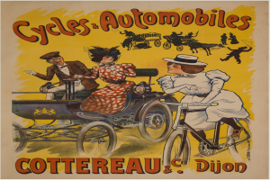 Plakat zur Werbung von Fahrrädern und Automobilen in Cottereau und Dijon, Frankreich, das Menschen auf Fahrrädern und eine Kutsche zeigt.