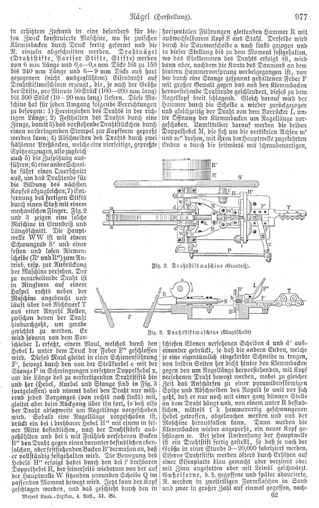 Eine Seite aus einem Buch, die eine deutsche Patenturkunde (977,977) mit einer zentralen Zeichnung einer Maschine und mehreren kleineren Abbildungen der gleichen Maschine zeigt.