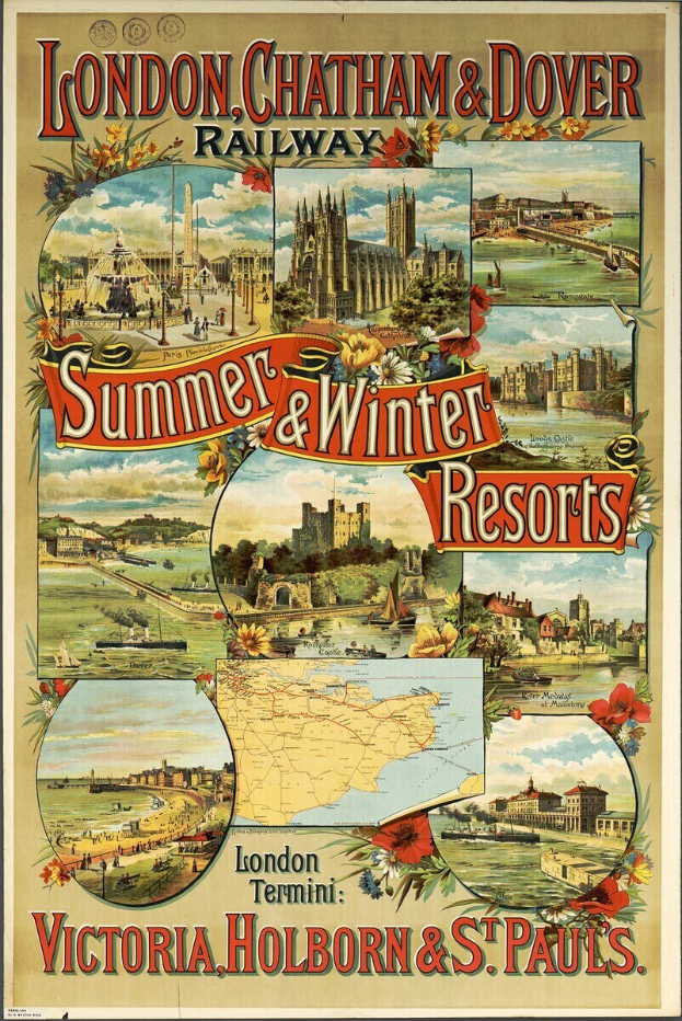 Plakat, das London, Chatham und Dover Railway's Sommer- und Winterresorts bewirbt, zeigt Gebäude, Bäume, Blumen, eine Karte und beschreibenden Text.