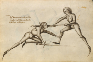 Zwei Männer sind auf einem Blatt Papier mit Text darauf abgebildet, die sich mit Schwertern kämpfen.