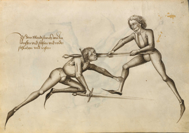 Zwei Männer sind auf einem Blatt Papier mit Text darauf abgebildet, die sich mit Schwertern kämpfen.