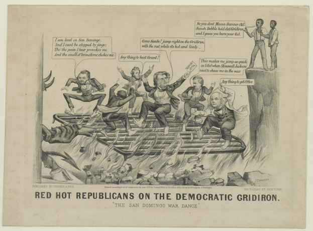 Eine handgezeichnete politische Karikatur auf Papier, die besorgte Figuren zeigt, die als 'rote heiße Republikaner' auf einem 'demokratischen Gridiron' etikettiert sind, mit fetter schwarzer Schrift, die eine ernste Situation betont.