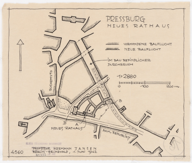 Detailierter Plan einer historischen Karte von Pressburg, Deutschland, der Straßen, Gebäude und Sehenswürdigkeiten zeigt.