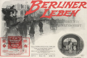 Eine nostalgische deutsche Zeitungsanzeige f├╝r "Berliner Leben" mit einer belebten Stadtlandschaft, einer Gruppe von Menschen und einem Br├╝cke.