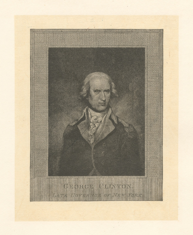 Porträt von George Clinton, dem verstorbenen Gouverneur von New York, in einem Anzug mit ernstem Gesichtsausdruck, der direkt in die Kamera schaut.