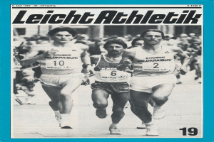 Ein Magazin-Cover mit der Aufschrift "Leicht Athletik Magazine - März 1987", das eine Gruppe von Menschen bei einem Lauf zeigt, einige tragen Laufschuhe.