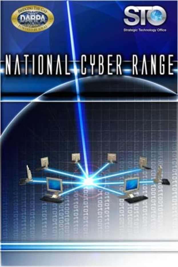Plakat mit "National Cyber Range" in fetter weißer Schrift auf blauem Hintergrund, das eine Weltkugel mit mehreren angeschlossenen Computern zeigt.