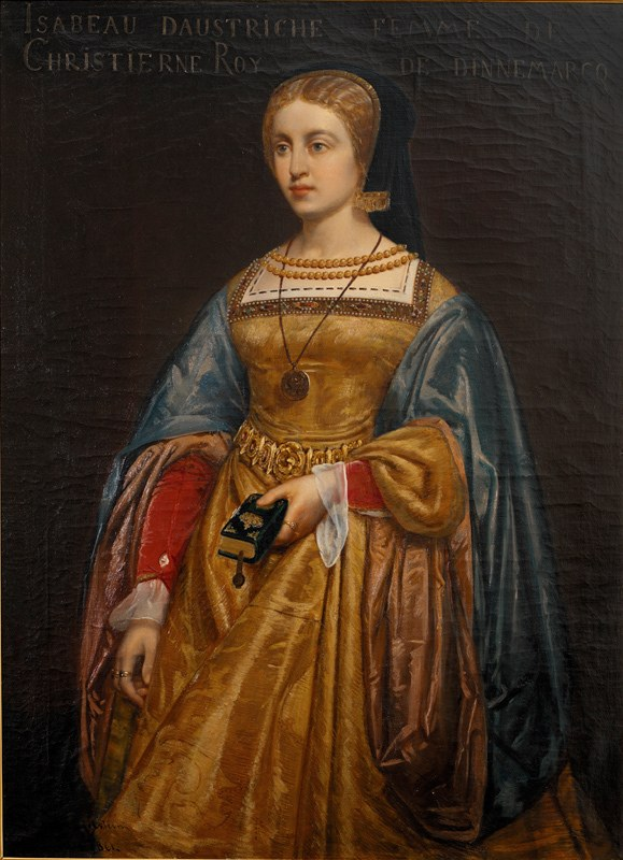 Gemälde von Isabella d'Austria in einem goldenen Kleid mit detaillierten Verzierungen, Haar zu einem Knoten gebunden, von Christierne Roy, das eine friedliche und würdige Miene zeigt.
