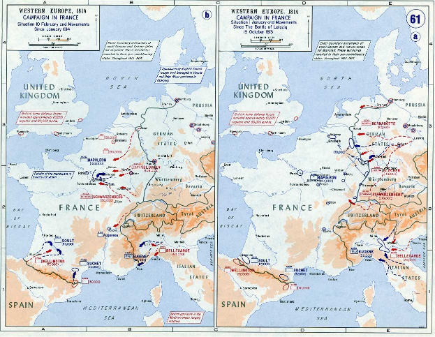 Eine historische Karte von Europa während der Schlacht von Leipzig, unterteilt in Abschnitte für Europa und Frankreich, mit beschrifteten Regionen und geografischen Merkmalen.