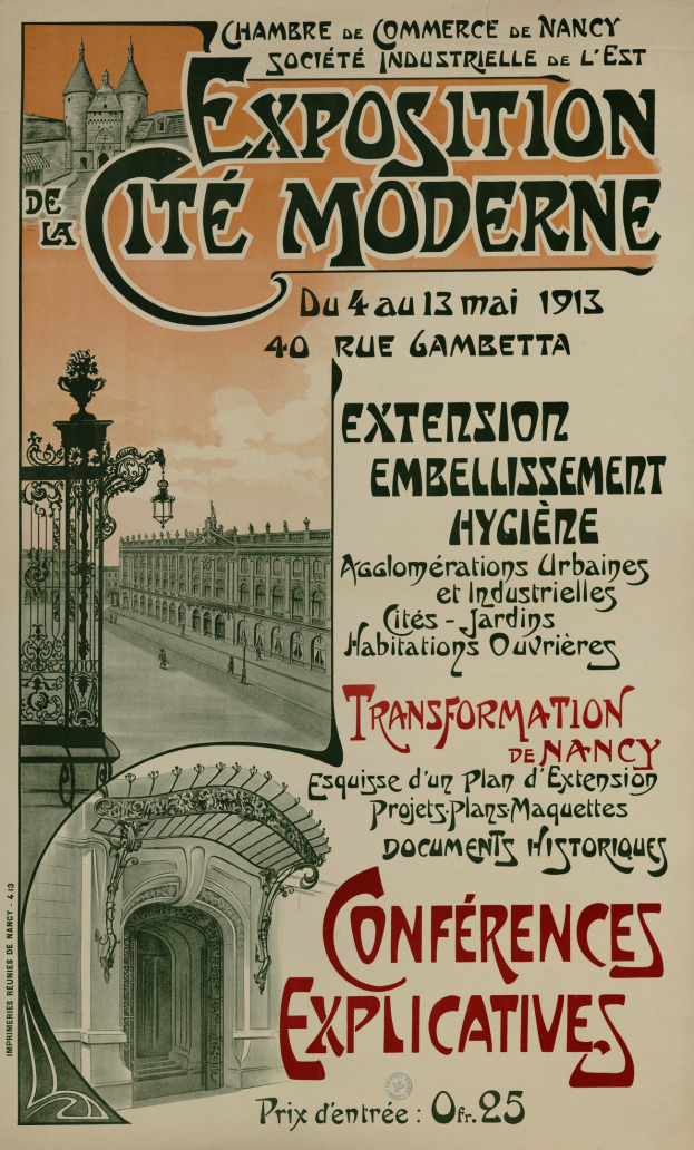 Plakat für eine Ausstellung in Cite Moderne mit einem Bild eines Gebäudes, eines Tors und eines bewölkten Himmels mit Ausstellungstext.