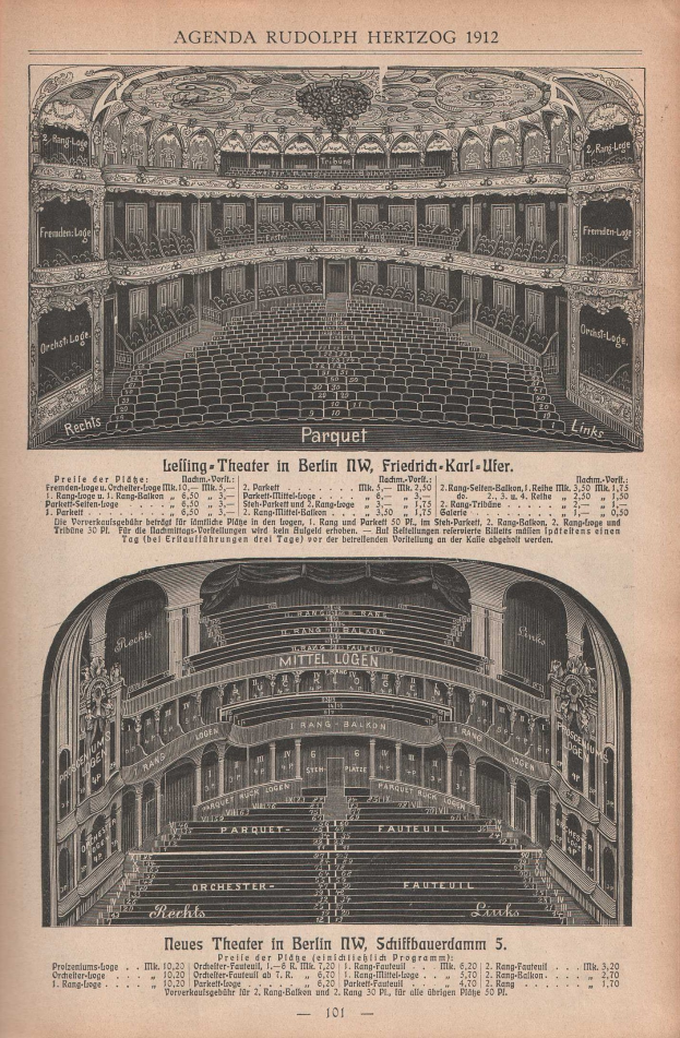 Ein altes Buch mit einer Zeichnung eines großen Auditoriums in Berlin aus dem Jahr 1912, begleitet von Texten zur Beschreibung des Theaters.