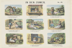 Ein Blatt mit Kindern in bunten Kleidern, die in einem üppigen grünen Garten spielen, mit Text in einer verspielter Schrift.