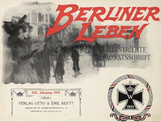 Altes Buch mit dem Titel 'Berliner Leben', das eine Gruppe von Menschen in einer feierlichen Umgebung und ein militärisch anmutendes Logo zeigt.