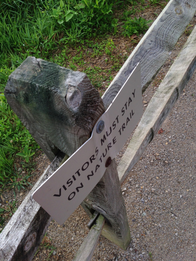 Holzzaun mit einem Schild, auf dem "Besucher bleiben auf dem Naturweg" steht, in einer grasbewachsenen Fläche mit kleinen Steinen.