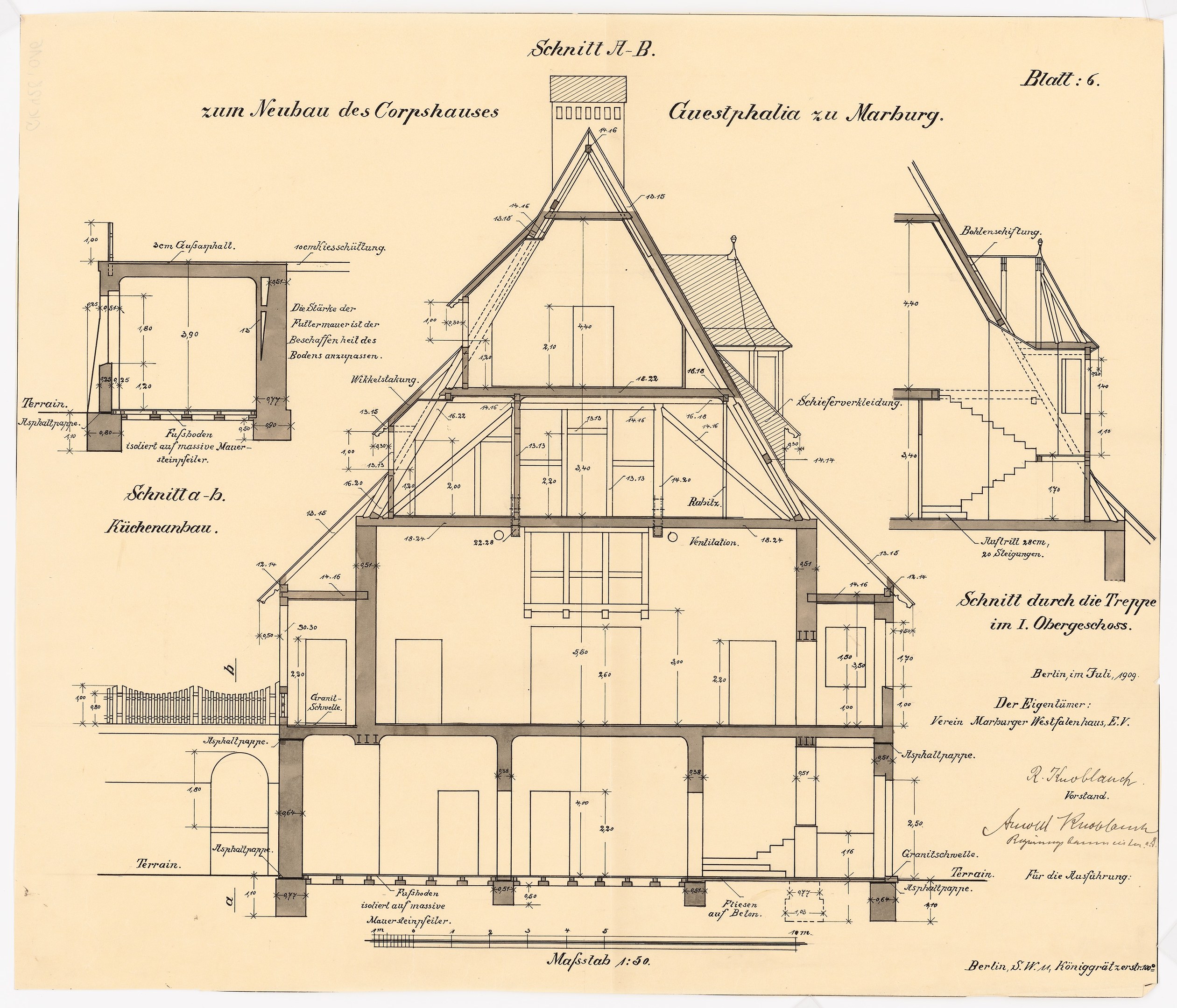 Ein detaillierter architektonischer Entwurf eines Hauses mit zahlreichen Fenstern und einem Dach, identifiziert als das erste Haus in Deutschland, begleitet von strukturellen Plänen und Text auf Papier.