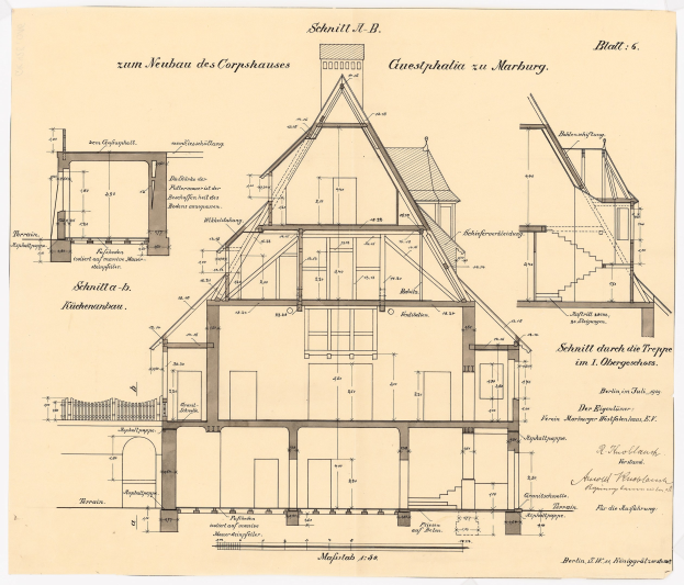Ein detaillierter architektonischer Entwurf eines Hauses mit zahlreichen Fenstern und einem Dach, identifiziert als das erste Haus in Deutschland, begleitet von strukturellen Plänen und Text auf Papier.