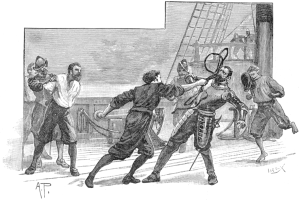 Eine Schwarz-Weiß-Zeichnung von männlichen Kämpfern auf einem Boot, mit einer Leiter im Hintergrund und Text unten.