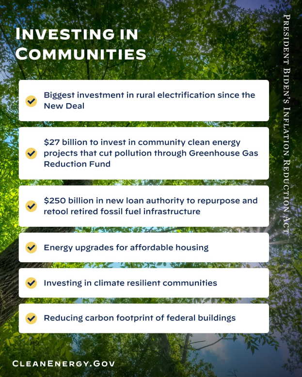 Plakat mit Bäumen und Himmel als Hintergrund, Text lautet "Investing in Communities: Größte Investition in ländliche Elektrizität seit dem New Deal".