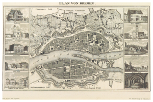 Alte detaillierte Karte von Bremen, Deutschland, mit Straßen, Gebäuden und Sehenswürdigkeiten auf altem Papier.