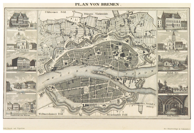 Alte detaillierte Karte von Bremen, Deutschland, mit Straßen, Gebäuden und Sehenswürdigkeiten auf altem Papier.