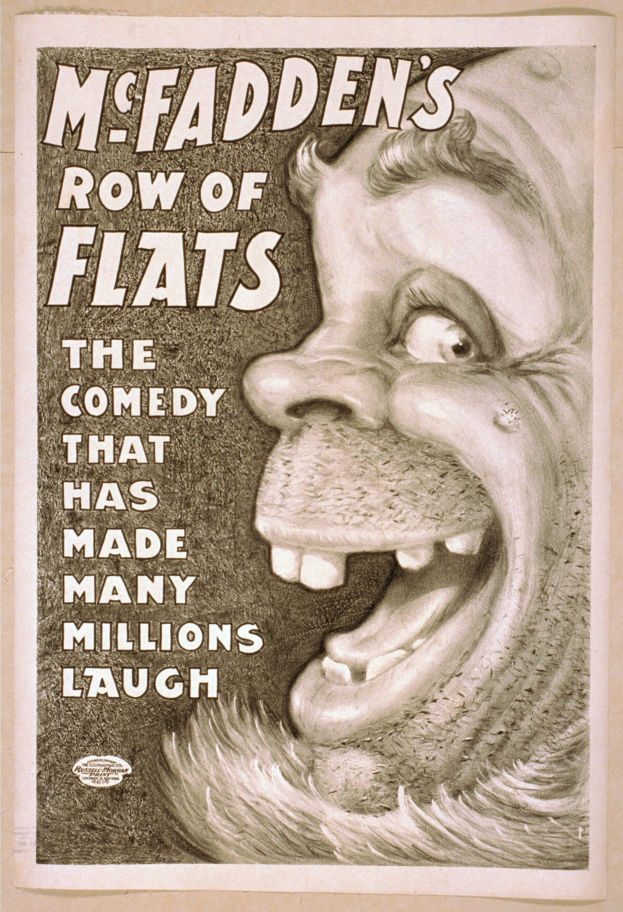 Plakat einer lachenden Person mit wildem Haar vor einem gelben Hintergrund, das 'McFadden's Row of Flats: The Comedy That Has Made Many Millions Laugh' ankündigt.