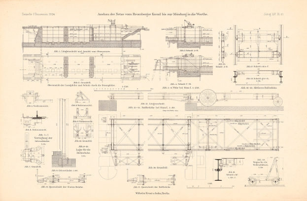 Detailreiches technisches Zeichnung eines Zuges auf dem Cover eines alten Buches, mit beschrifteten Komponenten einschließlich Motor und Getriebe.