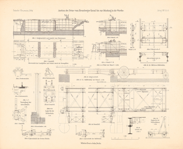 Detailreiches technisches Zeichnung eines Zuges auf dem Cover eines alten Buches, mit beschrifteten Komponenten einschließlich Motor und Getriebe.