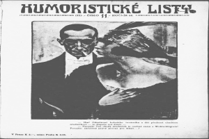 Schwarze und weiße Zeitschriftumschlag mit der Aufschrift "Humoristische Liste", der einen Mann im Anzug mit ernstem Gesichtsausdruck und eine Frau mit leichtem Grinsen zeigt, die wegsieht.