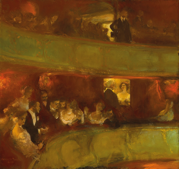 Ein Bild, das eine Gruppe von formell gekleideten Menschen in einem hell erleuchteten Theater zeigt, einige stehen und einige sitzen, mit neutralfarbenen Wänden und einer lebhaften Atmosphäre.