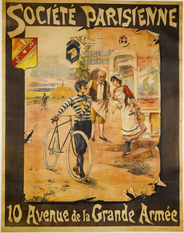 Plakat für ein Fahrradrennen in Paris mit einer Gruppe von Menschen, einer Person mit einem Fahrrad und einem Gebäude im Hintergrund sowie Textangaben zum Event.