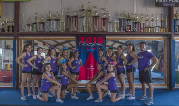 Gruppe von Cheerleadern in lila Hemden und schwarzen Shorts, die vor einem Vitrinenschrank mit einer '2018 Summit Cheerleading Champions'-Bannertafel posieren.