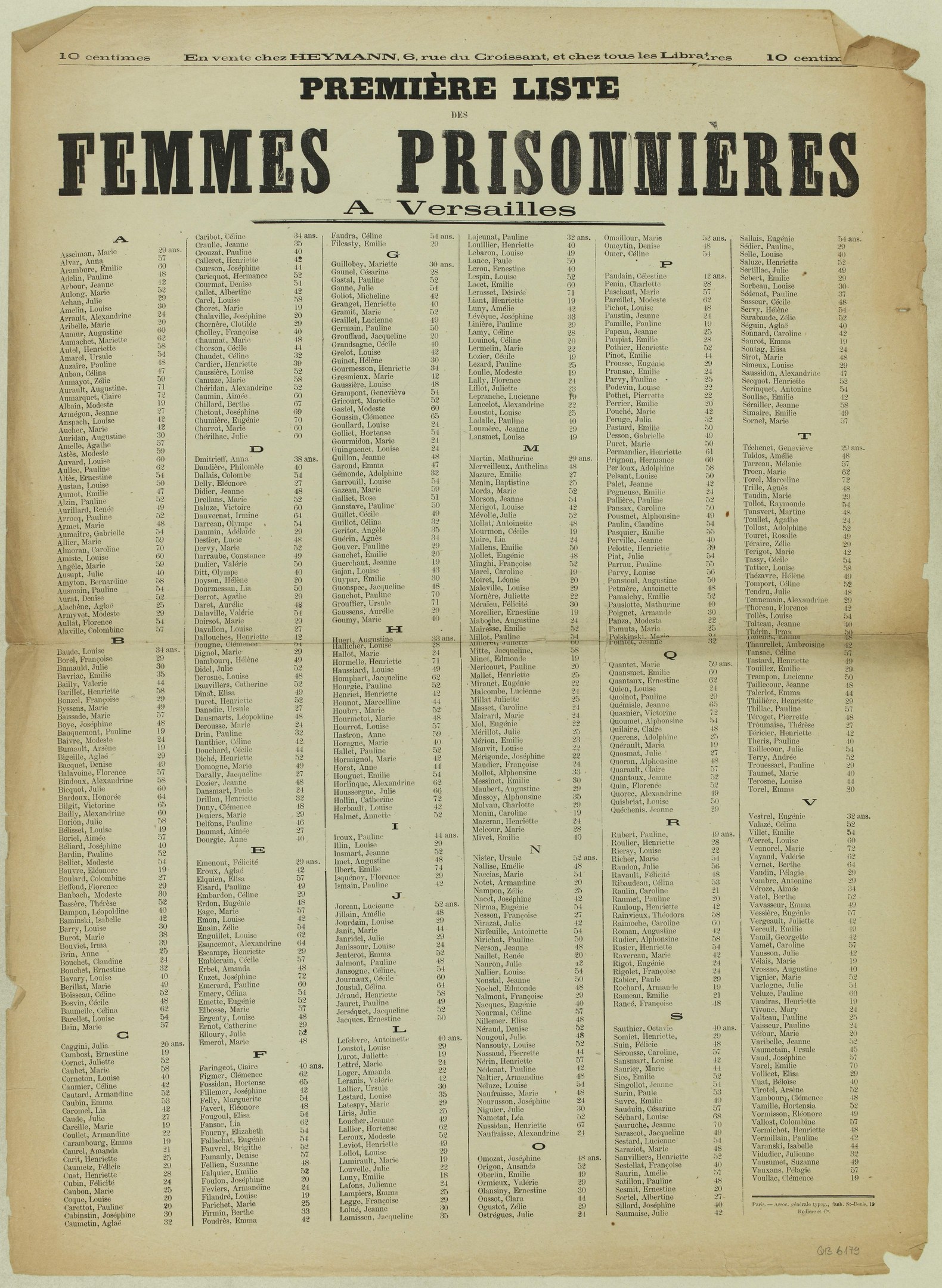 Gelbliches altes Buchblatt mit einer Liste von Frauenhäftlingsnamen in zwei Spalten in schwarzer Tinte.