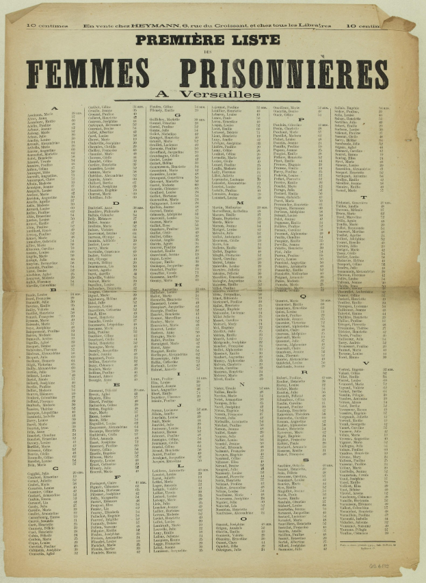 Gelbliches altes Buchblatt mit einer Liste von Frauenhäftlingsnamen in zwei Spalten in schwarzer Tinte.